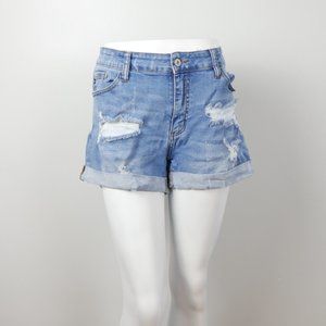 KanCan Medium Wash Distressed High Waisted Jean Shorts with Roll Up Cuff 13 30